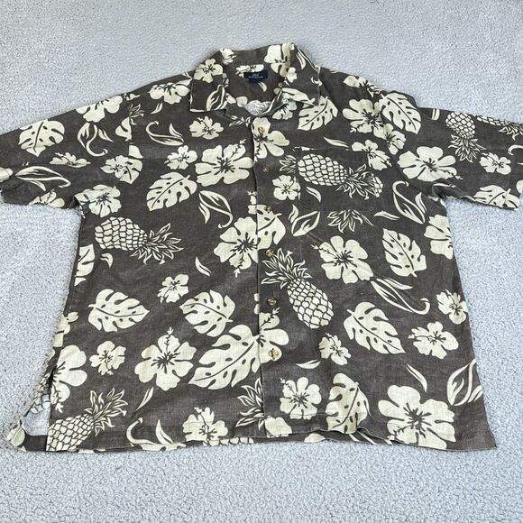 Brooks Brothers Linen Shirt Mens L Green Pineapple Hawaiian Coastal Aloha Camp - Picture 1 of 11